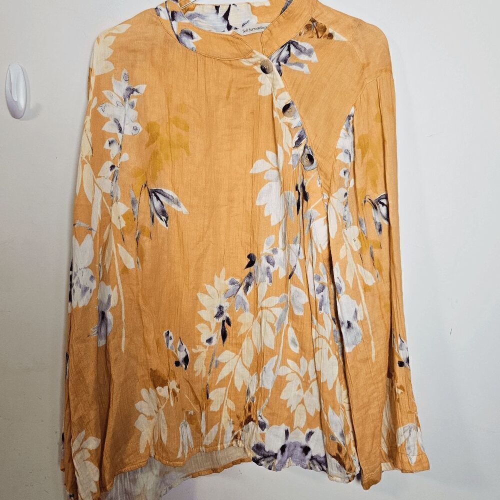 Soft Surroundings 100% Gauzy Cotton Floral Long Sleeve Mock Neck Mandrin Blouse